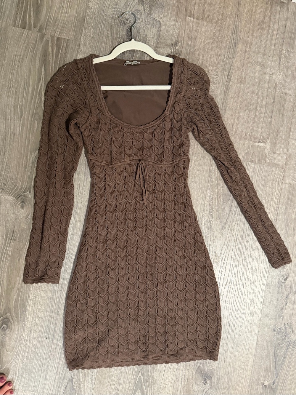 Brown Knit Long-Sleeve Dress